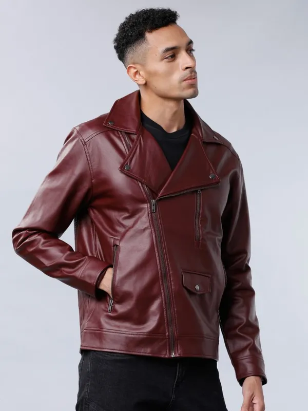  Highlander Men Burgundy Solid Biker Jacket Jackets