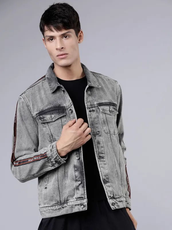  Locomotive Men Grey Solid Denim Jacket Jackets