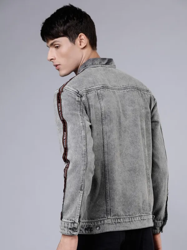  Locomotive Men Grey Solid Denim Jacket Jackets