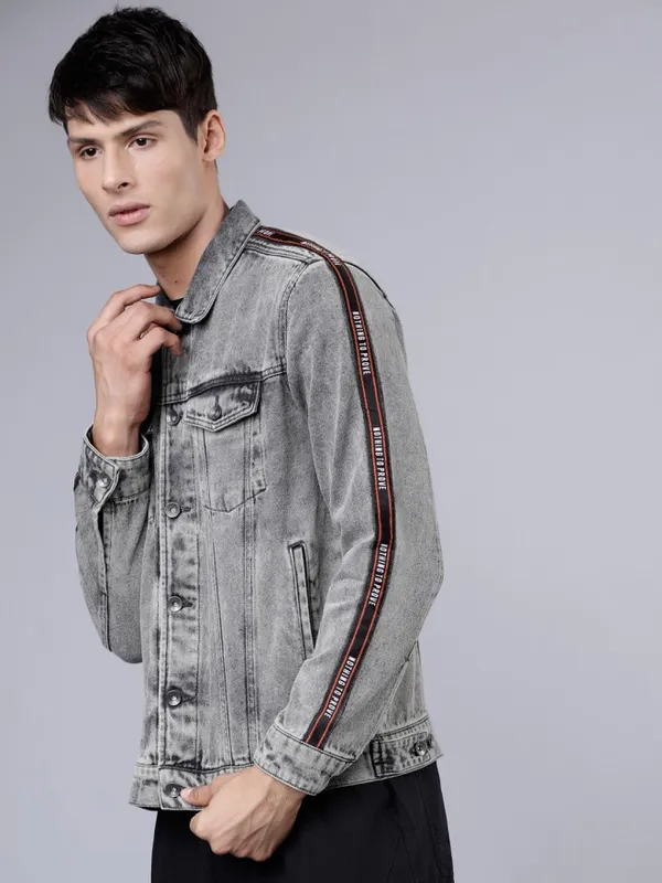  Locomotive Men Grey Solid Denim Jacket Jackets