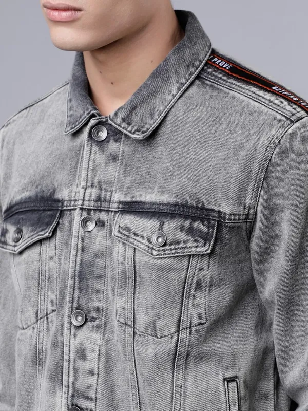  Locomotive Men Grey Solid Denim Jacket Jackets