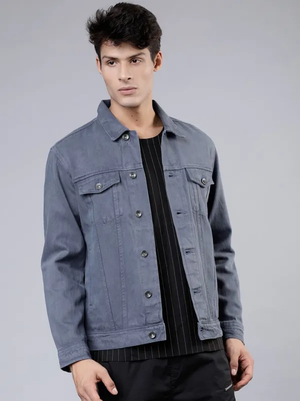  Locomotive Men Blue Solid Denim Jacket Jackets