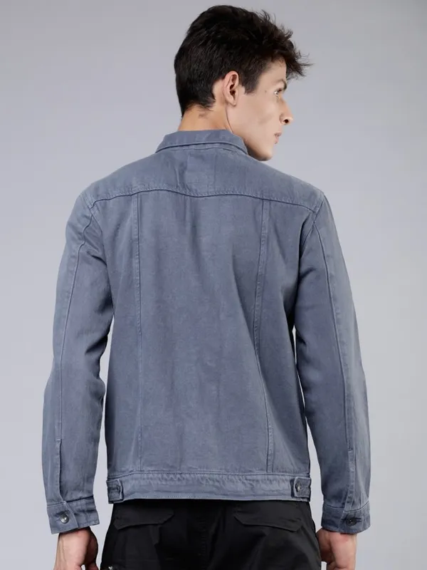  Locomotive Men Blue Solid Denim Jacket Jackets