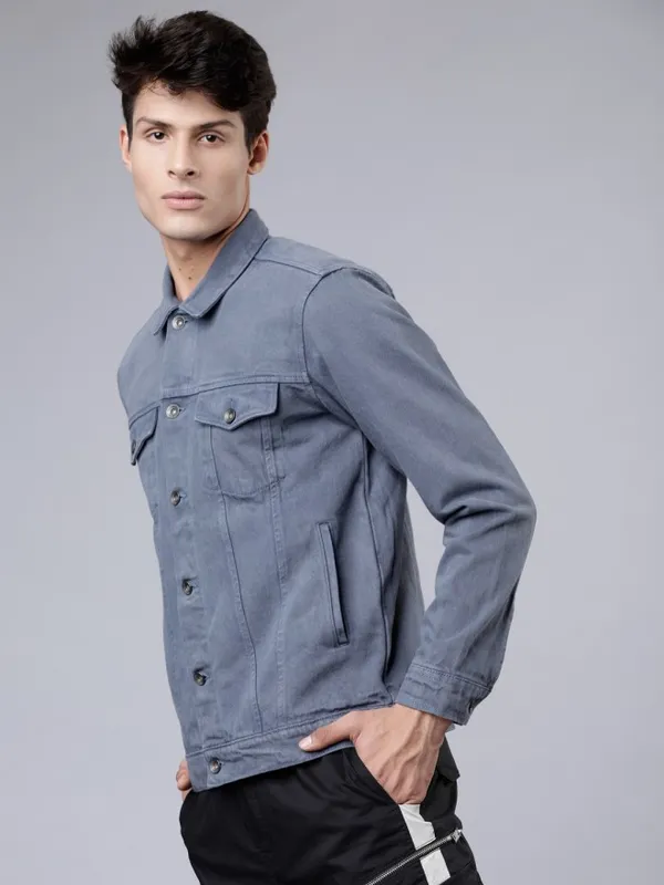  Locomotive Men Blue Solid Denim Jacket Jackets