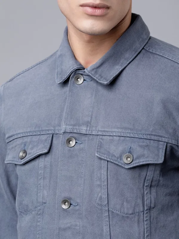  Locomotive Men Blue Solid Denim Jacket Jackets