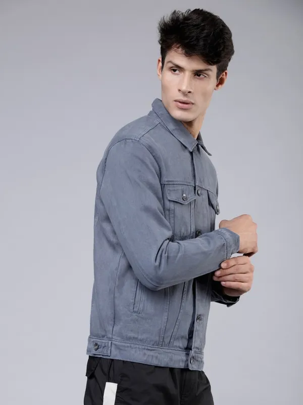  Locomotive Men Blue Solid Denim Jacket Jackets