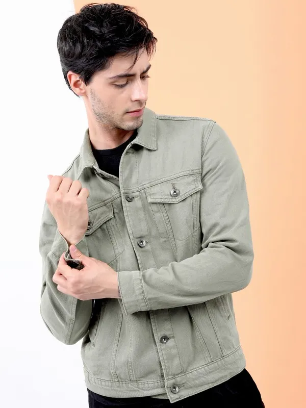 Locomotive Men Olive Solid Open Front Jacket