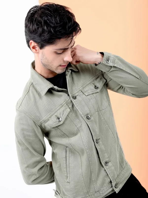 Locomotive Men Olive Solid Open Front Jacket