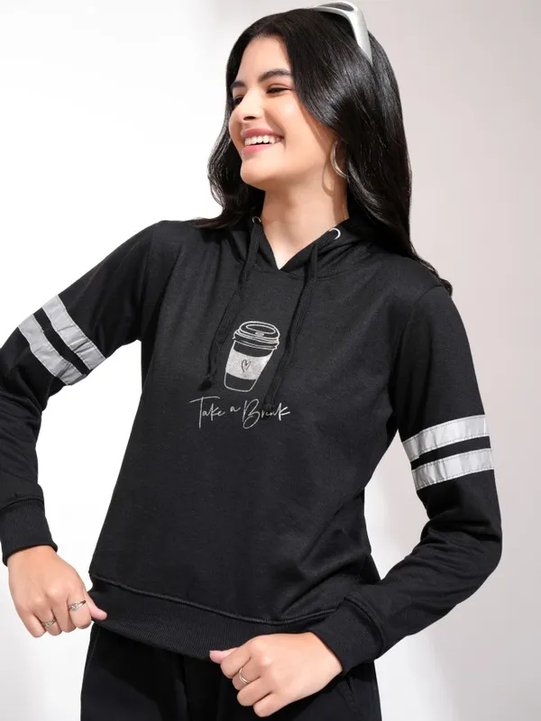  Tokyo Talkies Women Black Printed Pullover Sweatshirts