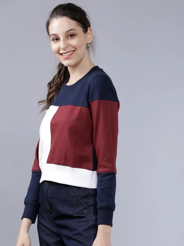  Tokyo Talkies Women Navy Blue Colourblocked Pullover Sweatshirts