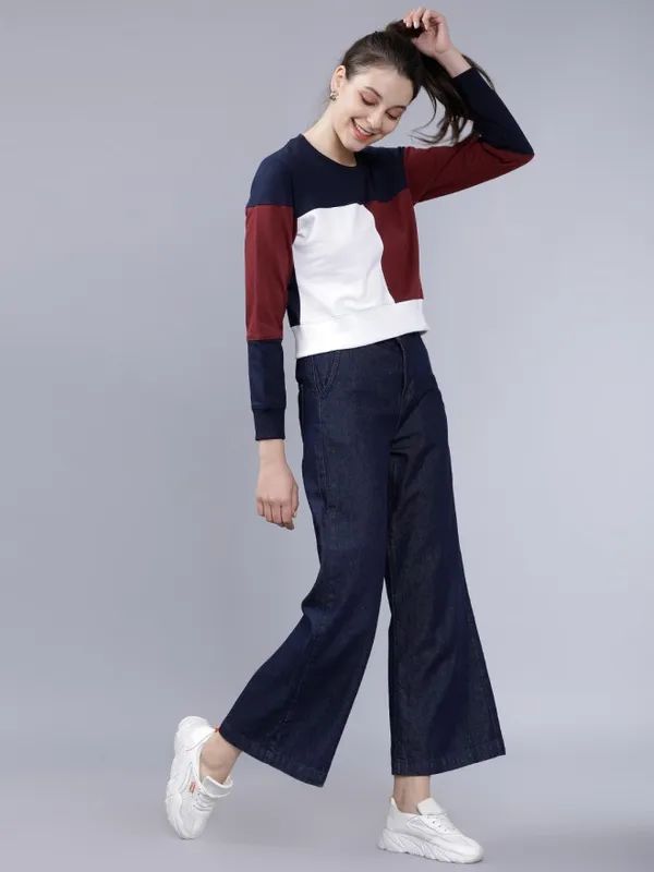  Tokyo Talkies Women Navy Blue Colourblocked Pullover Sweatshirts