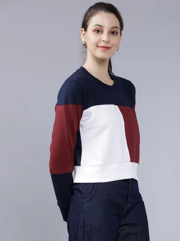  Tokyo Talkies Women Navy Blue Colourblocked Pullover Sweatshirts