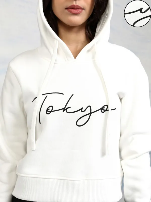  Tokyo Talkies Women White Printed Pullover Hood Sweatshirts