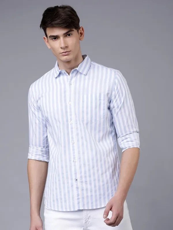  Highlander Men Blue Striped Slim Fit Casual Shirts