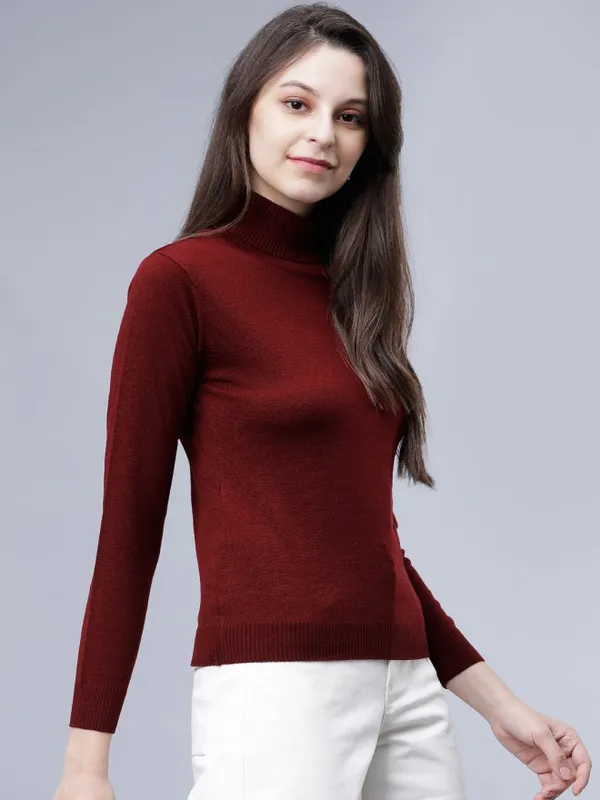  Tokyo Talkies Women Burgundy Turtle Neck Sweaters