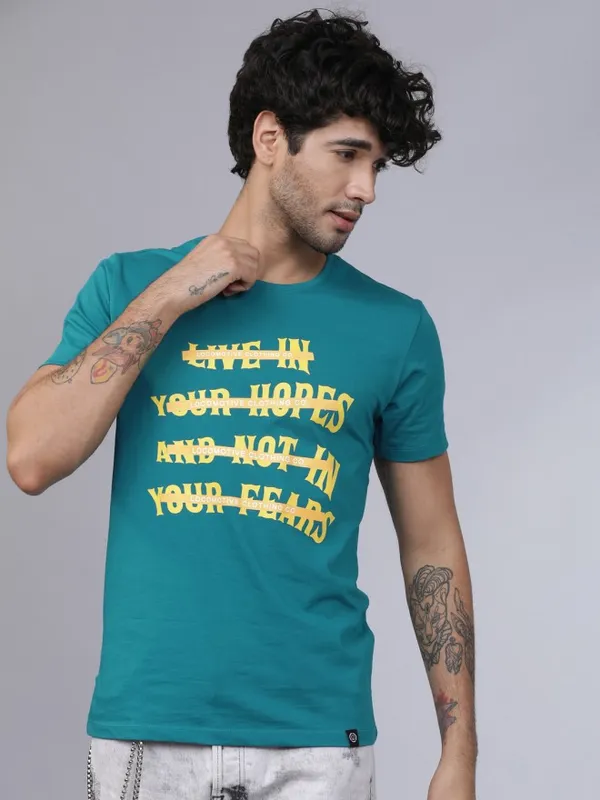  Locomotive Men Teal Printed Round Neck T-Shirts