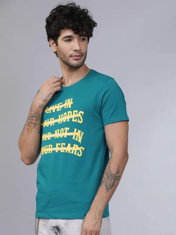  Locomotive Men Teal Printed Round Neck T-Shirts