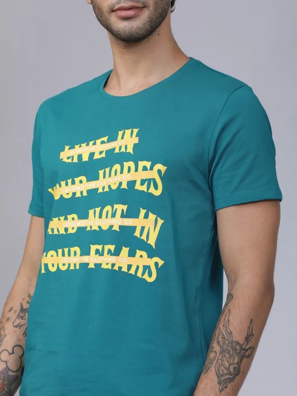  Locomotive Men Teal Printed Round Neck T-Shirts