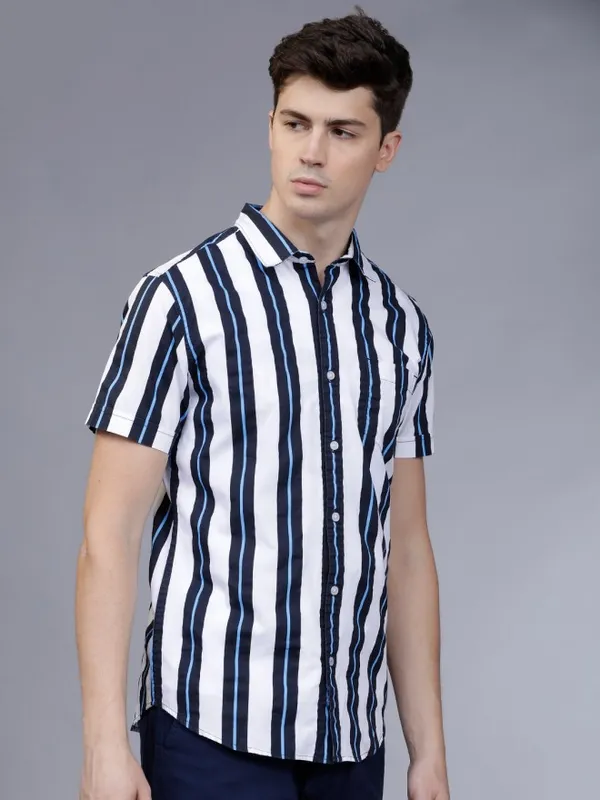  Highlander Men White Striped Slim Fit Casual Shirts