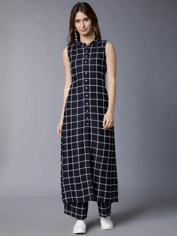  Vishudh Women Navy Blue Checked A-Line Kurtas