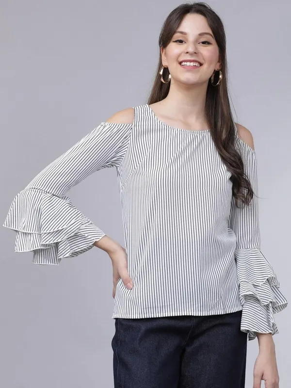  Tokyo Talkies Women White Striped Regular Tops