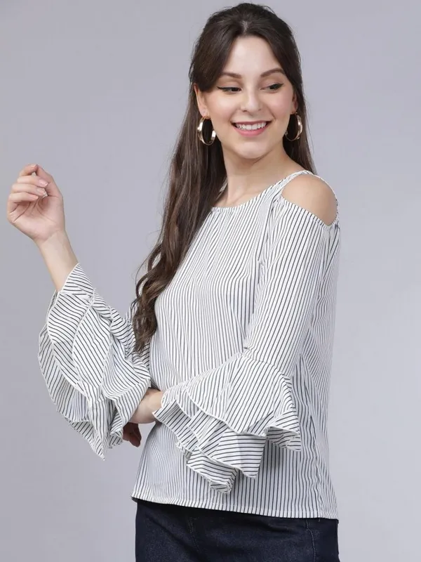  Tokyo Talkies Women White Striped Regular Tops