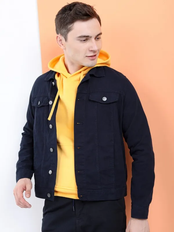 Highlander Men Navy Blue Solid Denim Jacket
