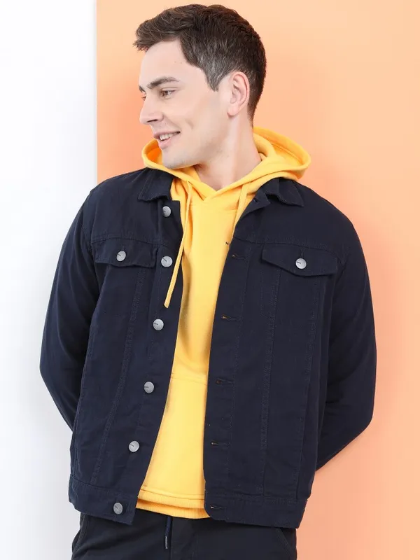 Highlander Men Navy Blue Solid Denim Jacket