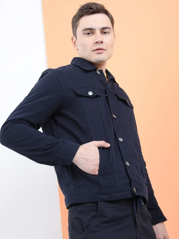 Highlander Men Navy Blue Solid Denim Jacket