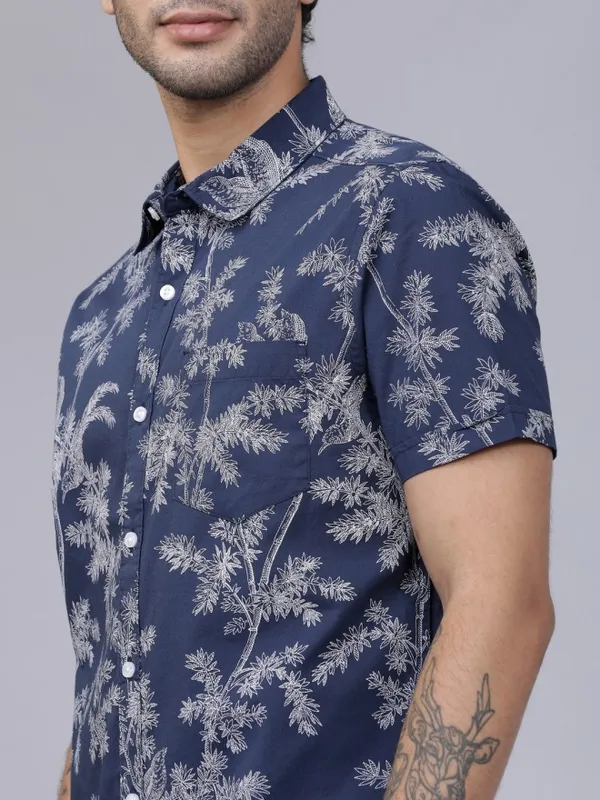  Highlander Men Navy Blue Printed Slim Fit Casual Shirts