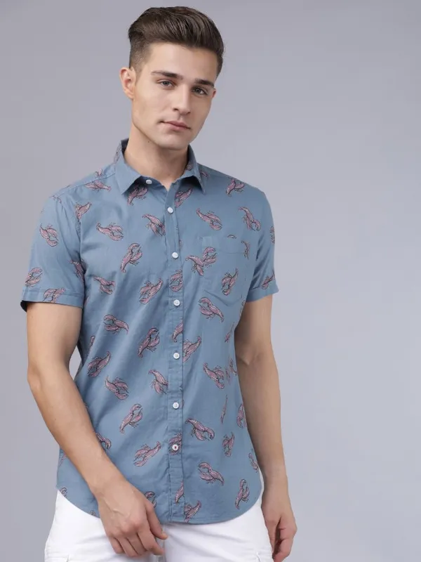  Locomotive Men Blue Printed Slim Fit Casual Shirts