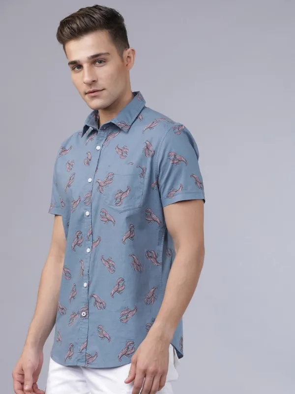  Locomotive Men Blue Printed Slim Fit Casual Shirts