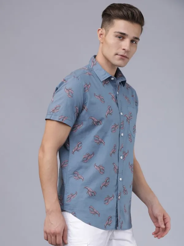  Locomotive Men Blue Printed Slim Fit Casual Shirts