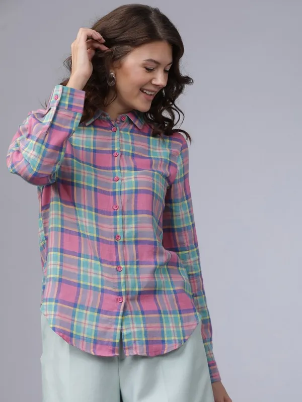  Tokyo Talkies Women Pink Checked Casual Shirts