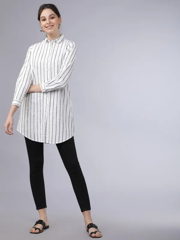  Tokyo Talkies Women Off White Striped Casual Shirts