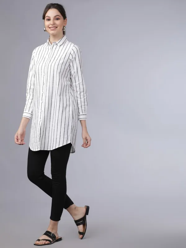  Tokyo Talkies Women Off White Striped Casual Shirts