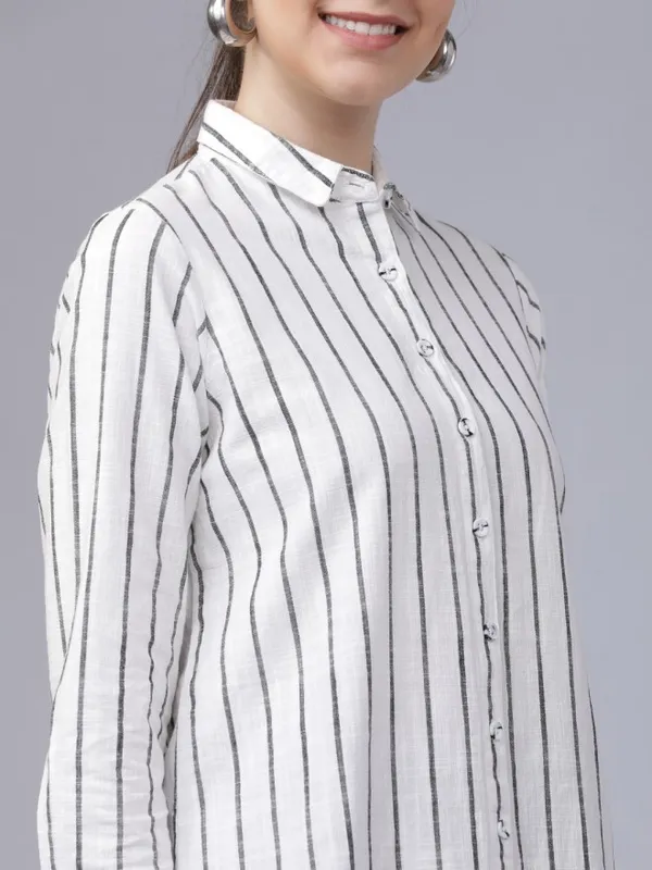  Tokyo Talkies Women Off White Striped Casual Shirts