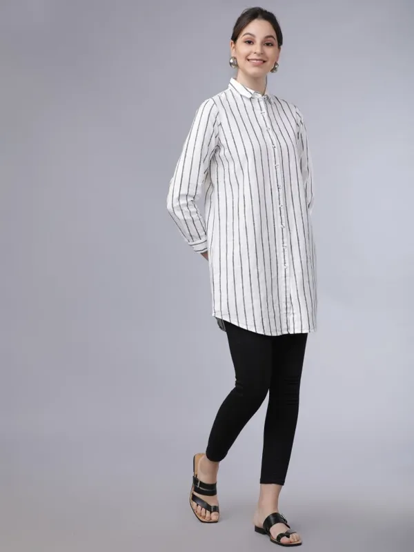  Tokyo Talkies Women Off White Striped Casual Shirts