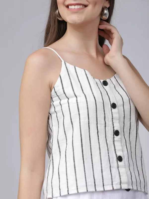  Tokyo Talkies Women Off White Striped Regular Tops