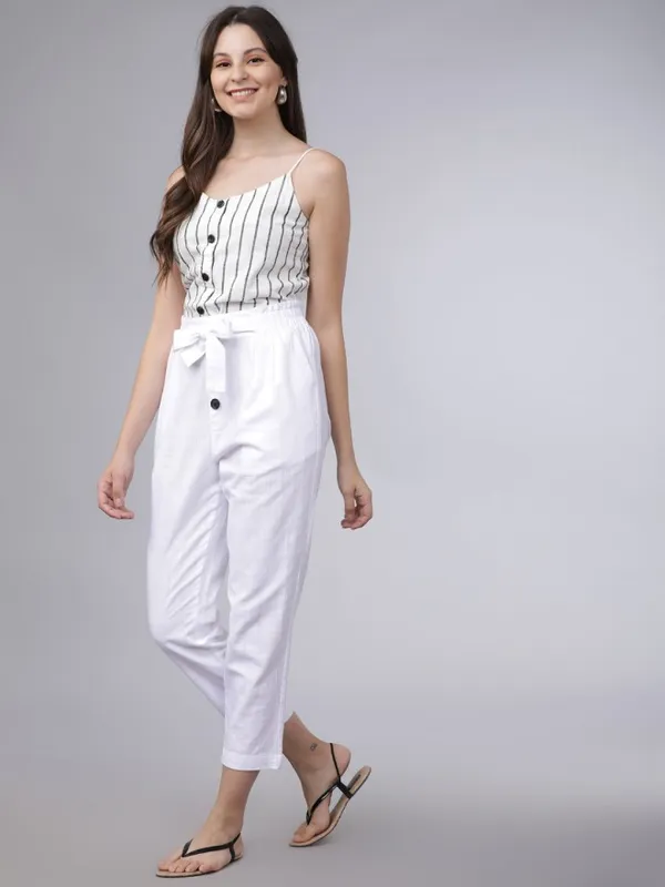  Tokyo Talkies Women Off White Striped Regular Tops