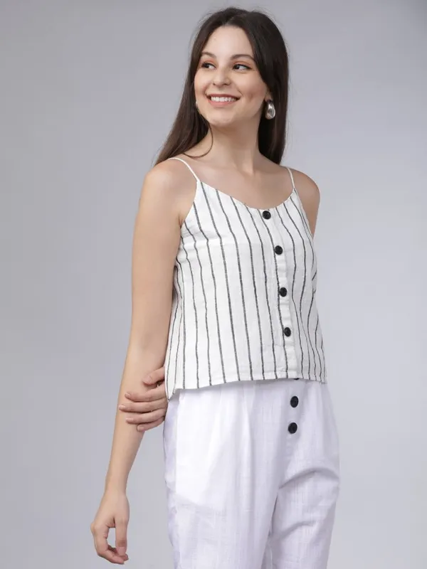  Tokyo Talkies Women Off White Striped Regular Tops