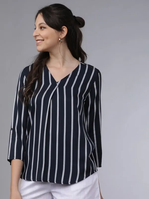  Tokyo Talkies Women Navy Blue Striped Regular Tops