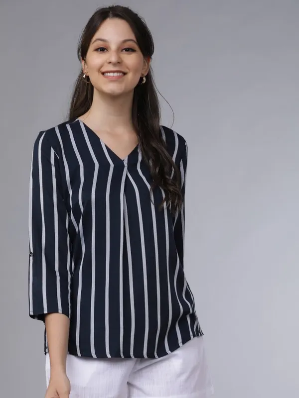  Tokyo Talkies Women Navy Blue Striped Regular Tops