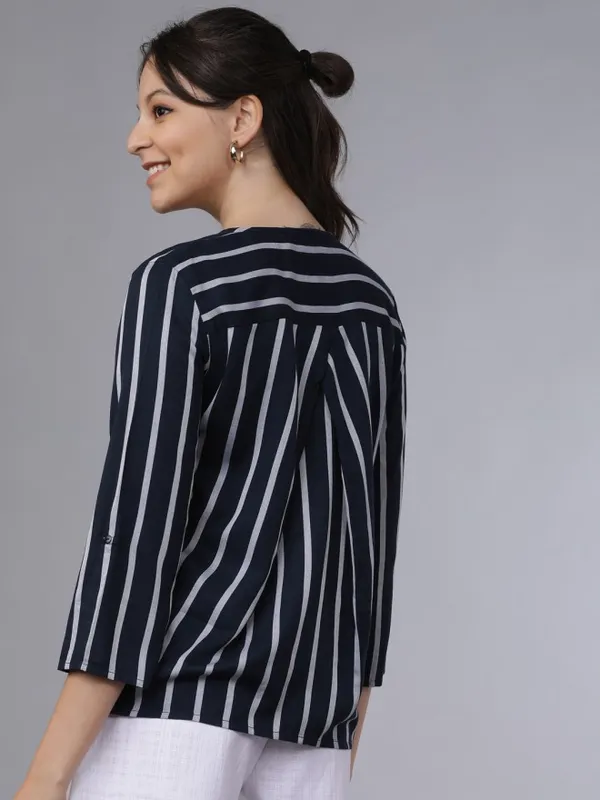  Tokyo Talkies Women Navy Blue Striped Regular Tops