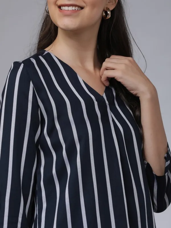 Tokyo Talkies Women Navy Blue Striped Regular Tops