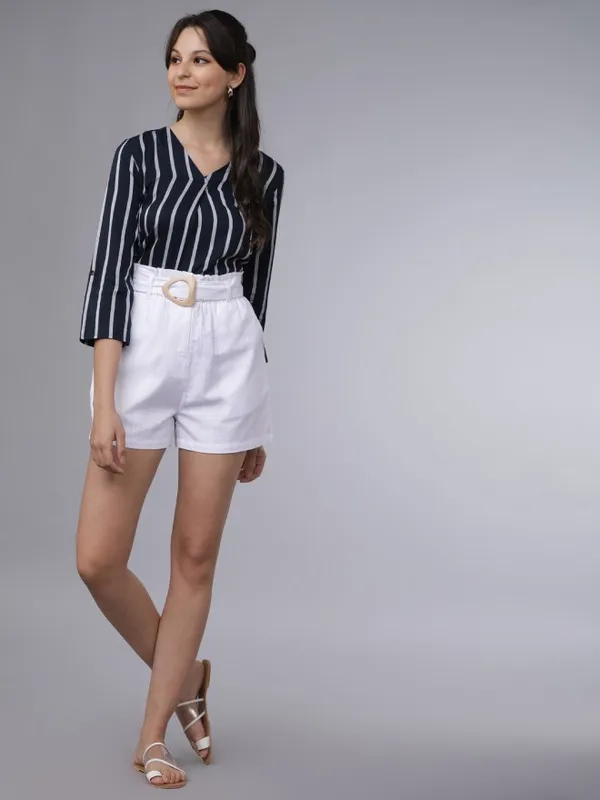  Tokyo Talkies Women Navy Blue Striped Regular Tops