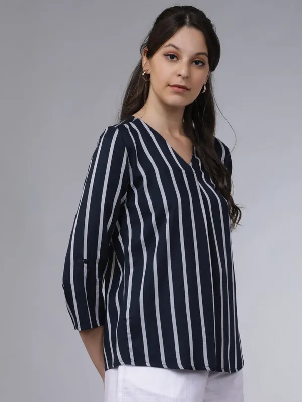  Tokyo Talkies Women Navy Blue Striped Regular Tops