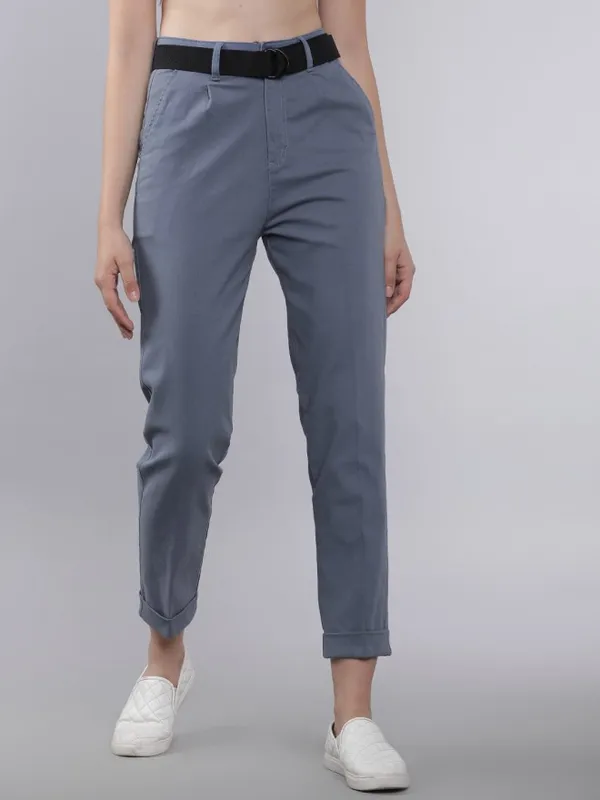  Tokyo Talkies Women Blue Solid Regular Fit Casual Trousers