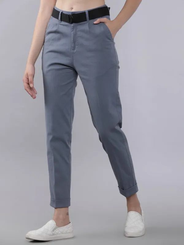  Tokyo Talkies Women Blue Solid Regular Fit Casual Trousers