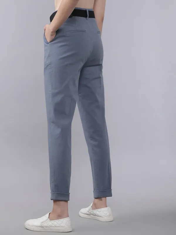  Tokyo Talkies Women Blue Solid Regular Fit Casual Trousers